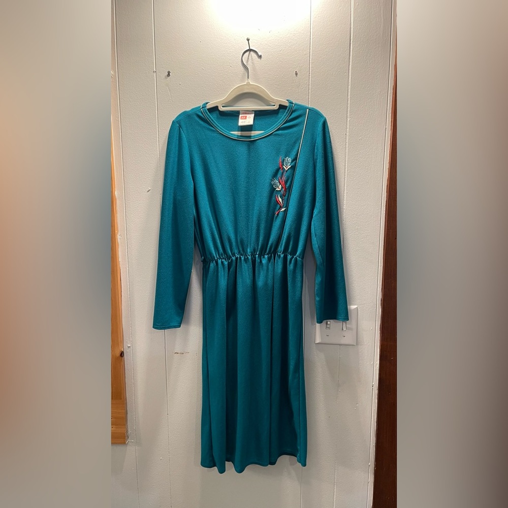 St Michael Teal Long Sleeve Dress with Embroidery - Size 12P